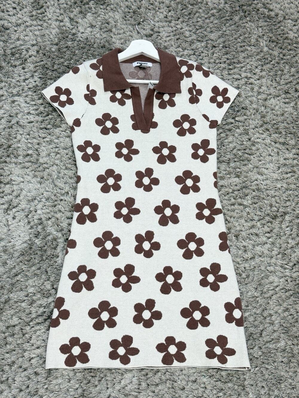 RSQ Womens Brown Floral Daisy Knit Polo Mini Dress Collared Sweater Size M NWT
